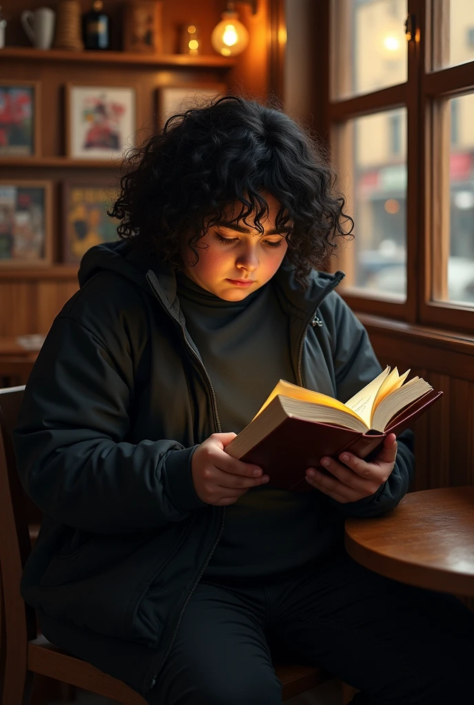 Make a ager with a black jacket,black pants,The teen is fat,has long hair,He is reading a book

Black curly hair
Long eyebrow
Lots of pimples 