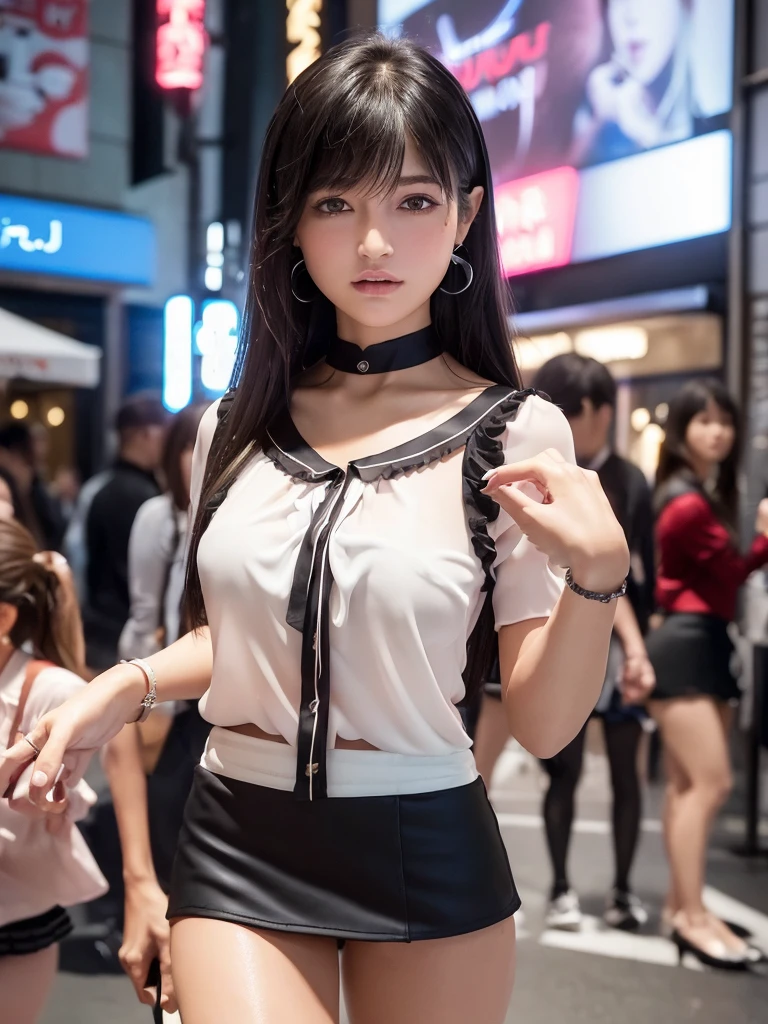 Product quality,1 girl,Cowboy Shot,Front view,(Thigh Emphasis:1.6),(Angle up to the knee:1.5)Young and sexy Japanese,20-year-old,小さな笑face,Harajuku,(Crowded street:1.4),Snazzy,((blouse:1.5)),wear,(Snazzyバッグ:1.5),Fashionable necklaces,Stylish earrings,((Black ultra-short micro mini skirt:1.5)),wear,((Small Head,face:0.4))とてもかわいいface,赤ちゃんのface,Glossy Lips,Double eyelids on both eyes,(Natural Makeup),Small and cute nose,shiny smooth light brown long hair,,,,,Asymmetrical bangs,Center image,8k resolution,Attention to detail,Detailed hairstyle,詳細なface,Cinema Lighting,Octane Rendering,Ultra-realistic,Perfect limbs,(Detailed fingers:1.5),Beautiful legs,Voluptuous thighs,Huge breasts,Perfect Anatomy,(Model sexy pose:1.5)