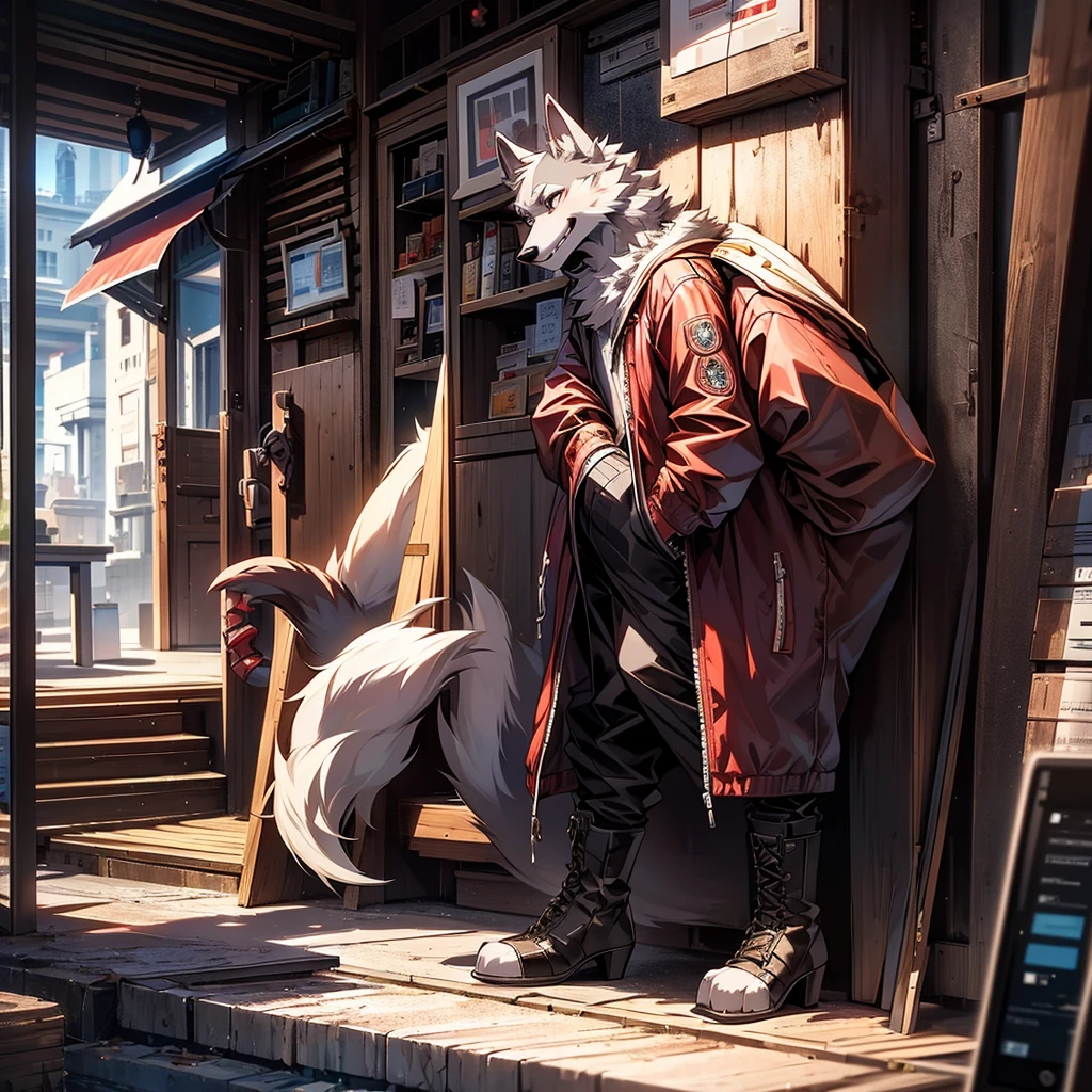 whole body,Beastman,Wolf,solo,child,posture:Standing,Looking at smartphone,headphone,Long Parka,Hands in pockets,Long trousers,Narrow feet,Lace-up long boots,Stiletto heels