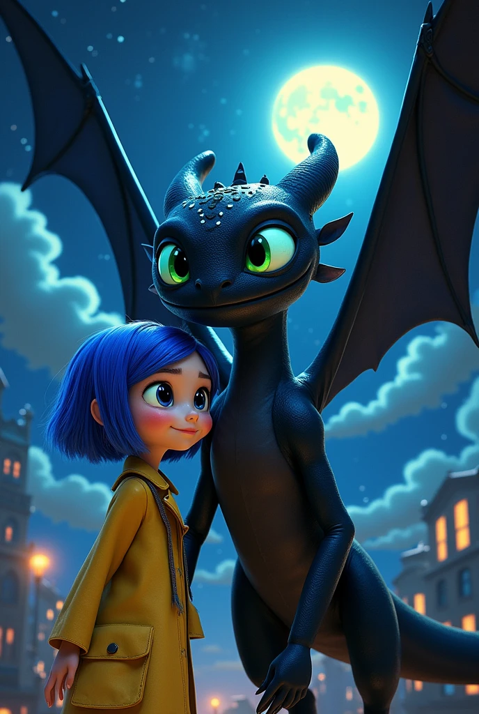 Draw a picture of Coraline from the movie "Coraline and the secret door", and next to it have Toothless from the movie "how to train your dragon"