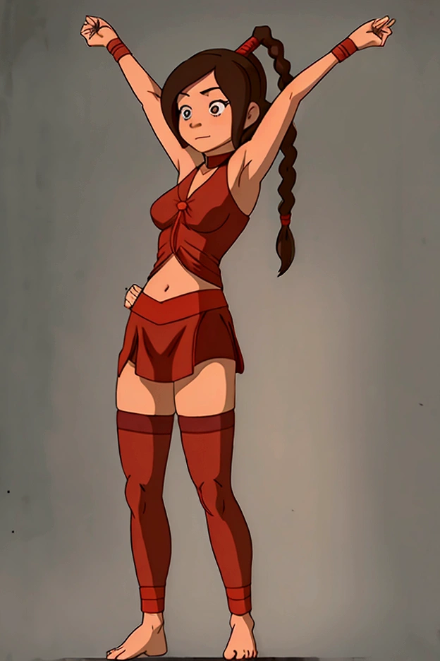 1girl, solo, leotard, thighhighs, cuffs, brown_hair, squatting, long_hair, breasts, large_breasts, armpits, red_leotard, braid, arms_up, bound, shackles, covered_navel, toeless_legwear, chain, simple_background, highleg, toes, red_thighhighs, bdsm, full_body, single_braid, stirrup_legwear, highleg_leotard, medium_breasts, tiptoes, bondage, brown_eyes, grey_background, black_eyes