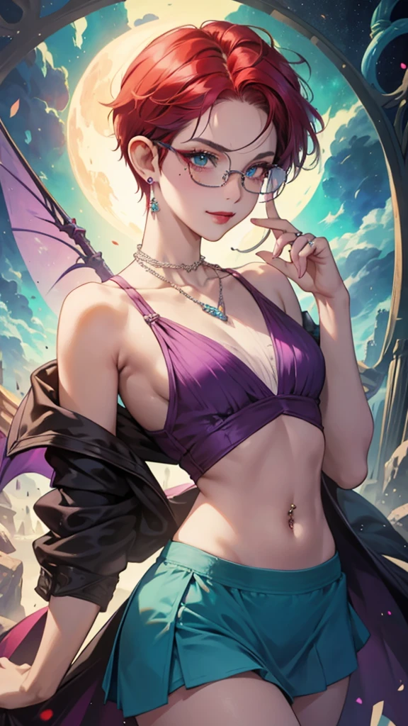 8k, masterpiece, best quality, highly detailed, 1 girl, tiefling, warlock, pixie cut, multicolored hair, very short straight hair red highlight hair on white hair, strippled hair, wearing glasses, round glasses, earrings, navel piercing, red eyeshadow, long eyelashes, blushed cheek, red lips, pearl necklace, rings, collarbone, mole on face, glamorous, teal and purple clothes, sleeveless, miniskirt, smirk, hand on chest, close up view, rings, looking at viewer, demon horns, solo, milky way, starry sky, blood red moon, standing, chains on the background.