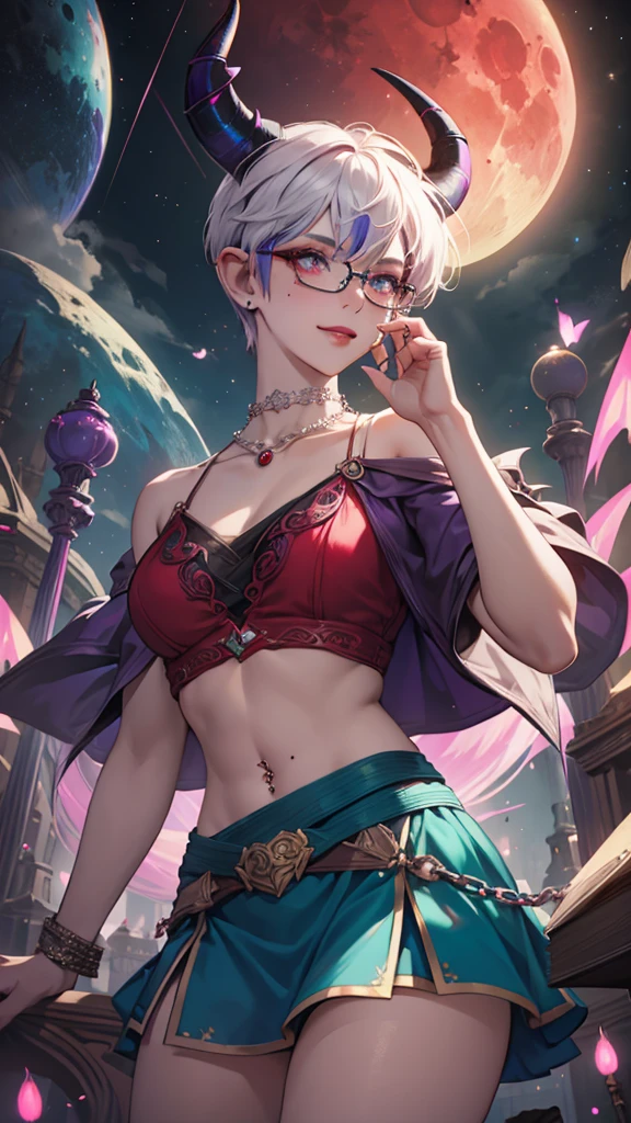 8k, masterpiece, best quality, highly detailed, 1 girl, tiefling, warlock, pixie cut, multicolored hair, very short straight hair red highlight hair on white hair, strippled hair, wearing glasses, round glasses, earrings, navel piercing, red eyeshadow, long eyelashes, blushed cheek, red lips, pearl necklace, rings, collarbone, mole on face, glamorous, teal and purple clothes, sleeveless, miniskirt, smirk, hand on chest, close up view, rings, looking at viewer, demon horns, solo, milky way, starry sky, blood red moon, standing, chains on the background.