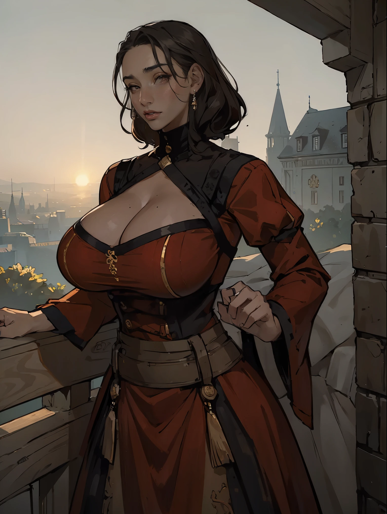 Gorgeous and sultry busty athletic (thin) brunette queen with sharp facial features wearing a modest updo, dark red medieval dress, long sleeves, intricate patterns, scrollwork, wide neck, crown, veil, long dress, modest dress, tight bodice, silver belt, (waist chain), medieval jewelry, Middle Ages, castle, rampart, wall, exterior, on top of a castle wall, trees, countryside, evening, sunset. large breasts.
