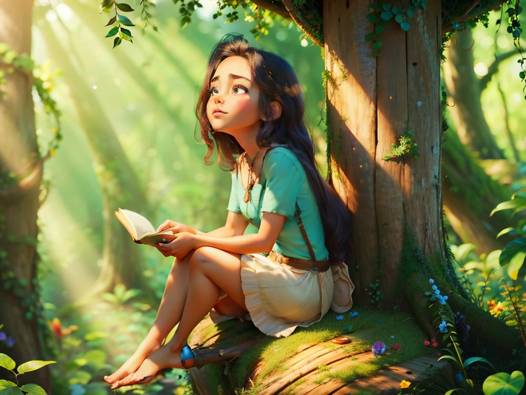 beautiful, masterpiece, Simple Background, Highest quality, Detailed Images, Colorful, Vibrant colors,
One person, dawn_betterman, alone, Princess Dress, Brown eyes, Black Hair, necklace, shirt, No sleeve, cute,
(software),  Little, 
break, nature, Outdoor, Sitting, sunlight, wood, wood stump, ((Ultra Wide Angle)), (Depth of written boundary),
Pixar, comics,