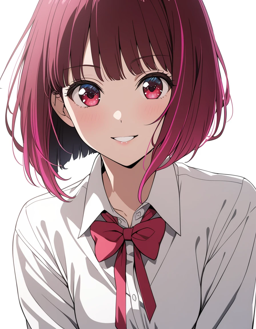 1girl, solo, arima kana,
short hair, red eyes, red eyes, white shirt, collared shirt, bowtie, seductive smile,
white background, simple background, anime coloring,
masterpiece, best quality,