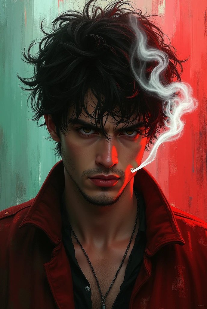 A face of a person staright close to the screen smoking cigarette in red whit and green colours