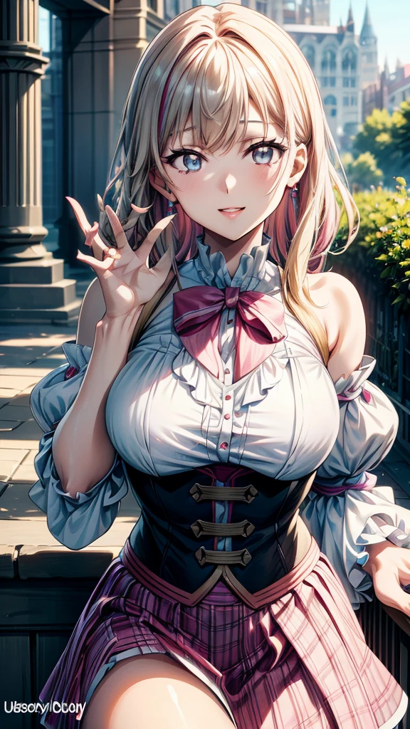 “(Best quality, masterpiece, ultra high definition, high resolution, HDR, Unity 8K wallpaper, beautiful details, depth, delicacy, vivid colors). A single girl in an anime style inspired by Epic Seven. She has beautifully detailed eyes, lips, and face, with long eyelashes. She wears a complex and revealing gal-style uniform with a mini skirt, featuring cute ribbon accessories. Her hair is multi-colored with striped, curly textures, blending rainbow hues with half white and half pink tones. The upper body is in focus, capturing her laughing expression. The image emphasizes her attractive, adorable appearance, with an erotically cute vibe. The girl’s hairstyle is distinct and different, adding uniqueness to her look. She has four fingers visible with a detailed thumb joint. The scene is rendered in ultra-high definition CG, ensuring every detail is vivid and sharp.”