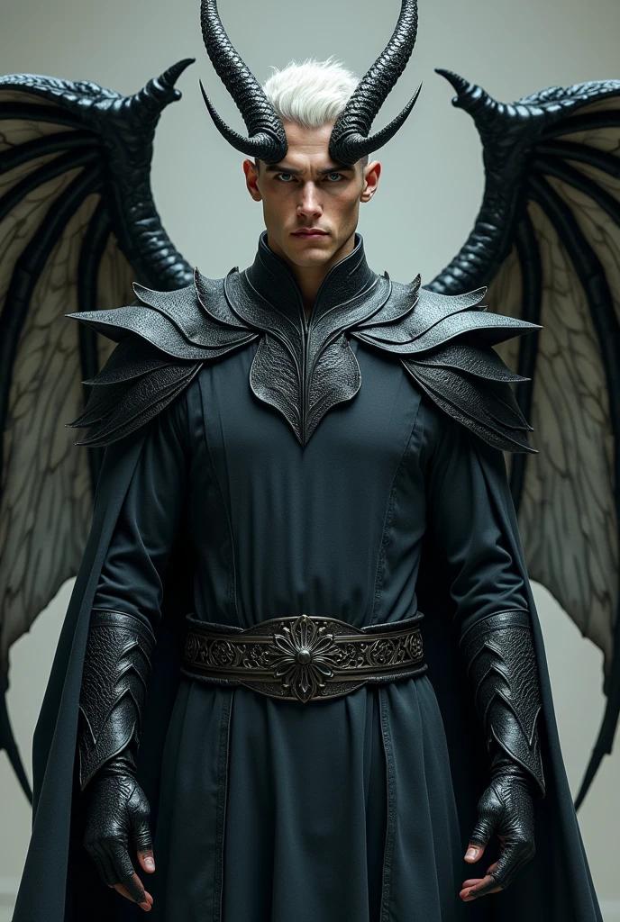 individual,A handsome, tall half-dragon man,There are curly black dragon horns on the head.,Arms covered with black, gleaming dragon scales,There are wings behind,When unfolded, the wing membrane is gray and has black stripes.,Dragon Tail,Dark grey fantasy style priest robe,Green iris,Pupils of reptiles,White short hair,Cold expression