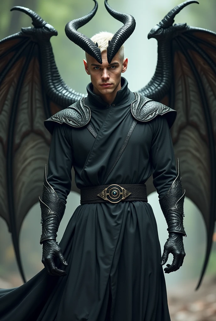 individual,A handsome, tall half-dragon man,There are curly black dragon horns on the head.,Arms covered with black, gleaming dragon scales,There are wings behind,When unfolded, the wing membrane is gray and has black stripes.,Dragon Tail,Dark grey fantasy style priest robe,Green iris,Pupils of reptiles,White short hair,Cold expression