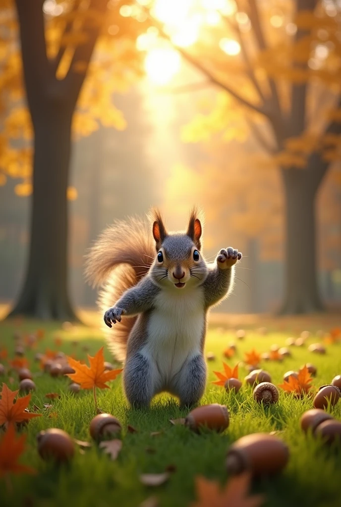 A squirrel rejoicing in acorns