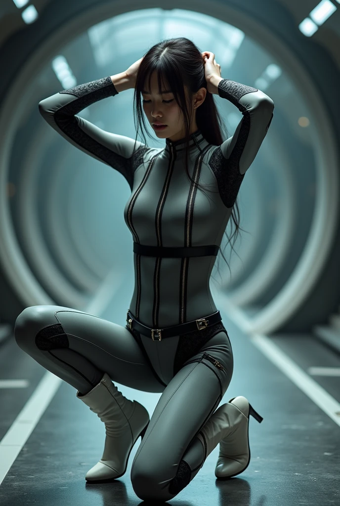 a matte gray suit., Wearing a tight suit, A beautiful Japanese woman wearing a futuristic gray suit, 滑らかなgreyタイトな服のスーツ, greyレオタードを着て, White stitching、Star Wars Imperial Agent, Female Stormtrooper, Full Body Shot, full body, The tight-fitting suit, grey、Black pattern、(Black leather around the waist):1.5、Black Belt、Black full harness:1.5、A beautiful Japanese girl wearing black fingerless leather gloves、Long legs、White boots、Heel、The suit has large white detailed zippers.、The location is inside an alien spaceship.、(One knee on the floor、Hands behind head、Crying with mouth open)、