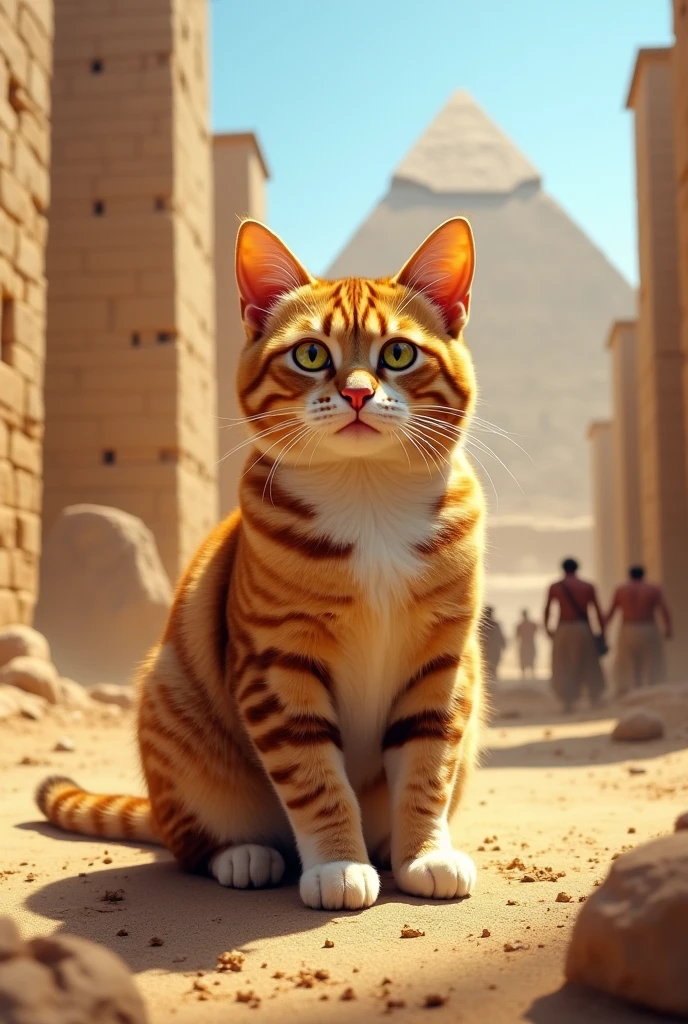 Make me a chunky, short-haired adult tabby cat with yellowish-green eyes., clear and large, with a white chest and white gloves in ancient Egypt building the pyramids (make it look realistic)