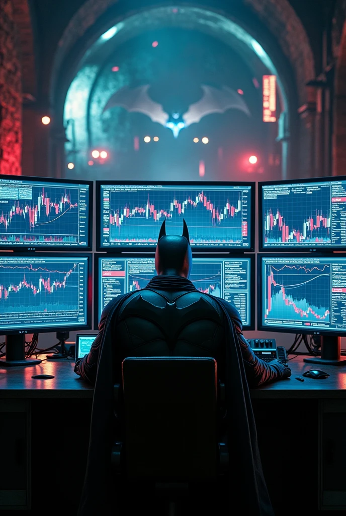 Place the Batman from the Arkham Knight game sitting in front of the several super large and modern monitors that are in the batcave. Display on these monitors financial market candles along with volume indicators.