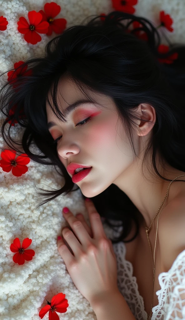 Metallic color painting capturing photography show bratty girl Sleep on the carpet covered with a white lace fabric ,red flower, floral, close-up ,Sideways the whole body (black hair with red streaks), (perfect face), beauty, (lying down) realistic, detailed, hd