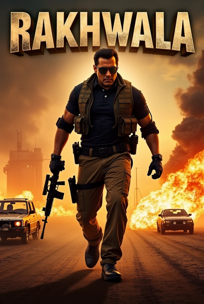 Title: Rakhwala

Tagline: "Dushman jo samjhe tha raaste mein aayega, woh raaste par nahin rahega."

Visuals:

Background: Ek rugged, industrial area ya barren desert landscape jahan dust aur smoke chhaya hua hai.
Foreground: Salman Khan ek intense action pose mein, full combat gear mein, jaise ek tactical vest aur sunglasses. Uski body language strong aur commanding hai, aur haath mein ek weapon (like a rifle or fist) ho sakta hai.
Color Scheme: Dark aur gritty tones, jaise charcoal blacks, deep browns, aur vibrant orange highlights explosions ya fire ke liye.
Text: Title "Rakhwala" ko center mein bold aur aggressive font mein likha jaye. Tagline ko niche ya side mein in a smaller, sharp font.
Additional Elements: Action-packed scenes jaise speeding vehicles, flying debris, aur intense lighting effects, jo poster ko dynamic aur engaging banaye.
Is prompt ko use karke aap Salman Khan ko ek impactful aur thrilling action role mein dikhane wala poster design kar sakte hain.
