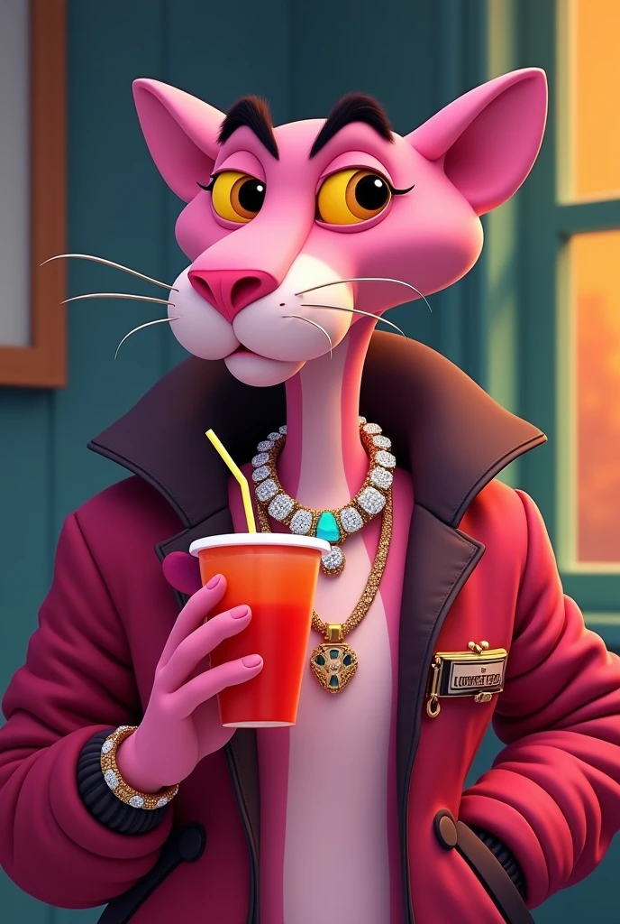 The pink Panther cartoon character Bomber jacket over his head with some cool, dark shades, VVS diamond necklace around its neck, a Patek wrist watch, and diamond ear rings sipping on juice from a red cup with straw looking high like he’s been smoking weed.Art should be in 2D animation.standing side at looking into the camera. same generation this time without the dark shades
