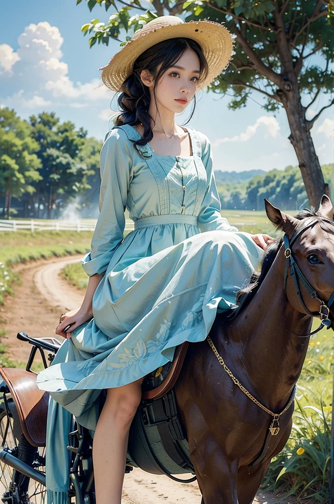 (((best quality))),(((ultra detailed))),(((masterpiece))),illustration, girl cycling down a country road, sun beating down, warm glow,a beautiful young girl, light blue sundress, flowing gracefully,short ponytail, wide-brimmed straw hat, protected from sunlight, fair skin, bright green eyes, lush greenery, calm and serene face, effortless cycling,(riding on a vintage bike:1.3), shiny chain, bright red tires, well-cared-for, narrow winding road, lush green grass, cornfields, golden cornstalks, gentle breeze, sweet scent of corn, sound of birds chirping, small village, white-washed houses, red-tiled roofs, smoke from chimneys, relaxing, peacefulness of the countryside, summer's day, tranquility,