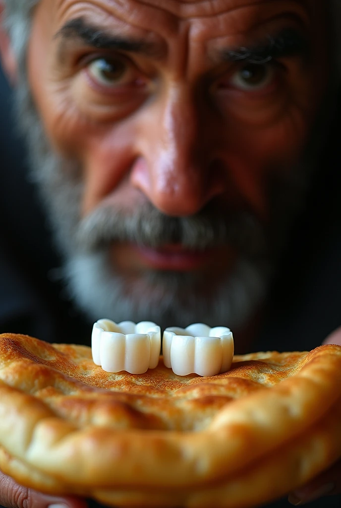 a man without teeth found two fake teeth on his roti canai, high quality, 8k, hyperdetailed, photorealistic, dramatic lighting, close-up, intense expression, intricate details, realistic textures, detailed facial features, intense colors, cinematic composition, compelling narrative