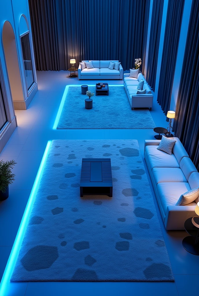 A large spacious room with blue led lights, the image should look like a photo taken from above from top to bottom, super realistic image