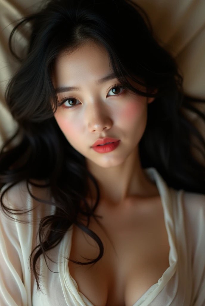 A beautiful Japanese woman with long black hair.Lazy.mature and charming charm.blurry and full of affection .sexually suggestive eyes. slightly opened red lips.