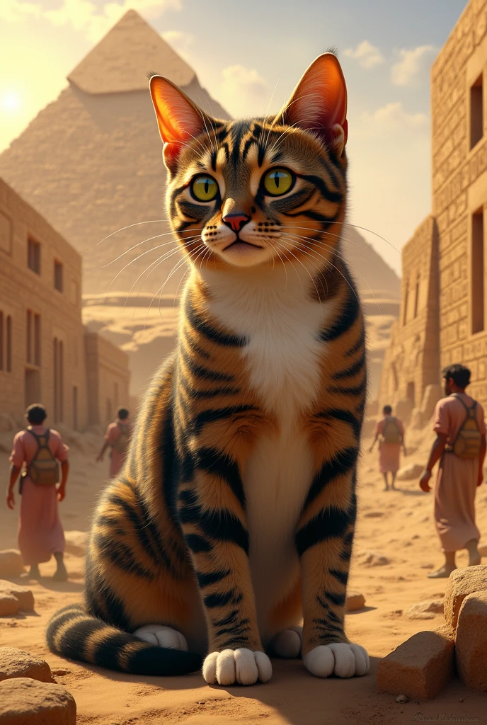 Make me a chunky, short-haired adult tabby cat with yellowish-green eyes., clear and large, with a white chest and white gloves in ancient Egypt building the pyramids (make it look realistic)