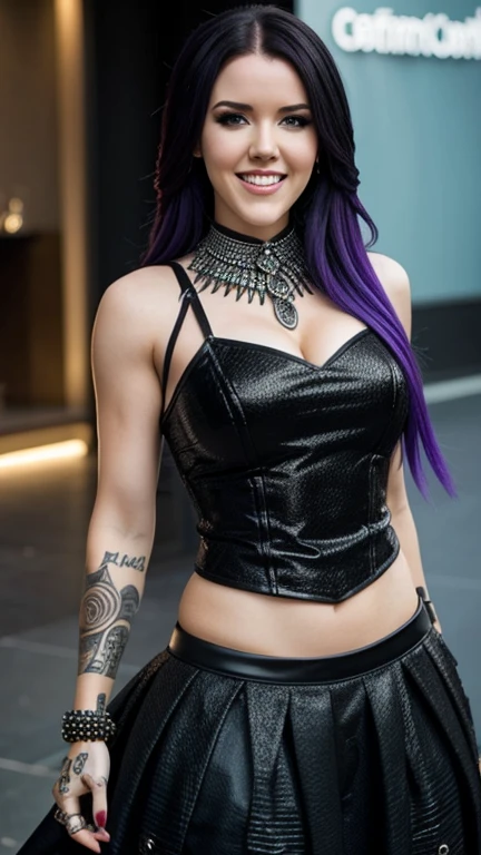 Alissa White-Gluz wearing clothes made of black pearls and smiling