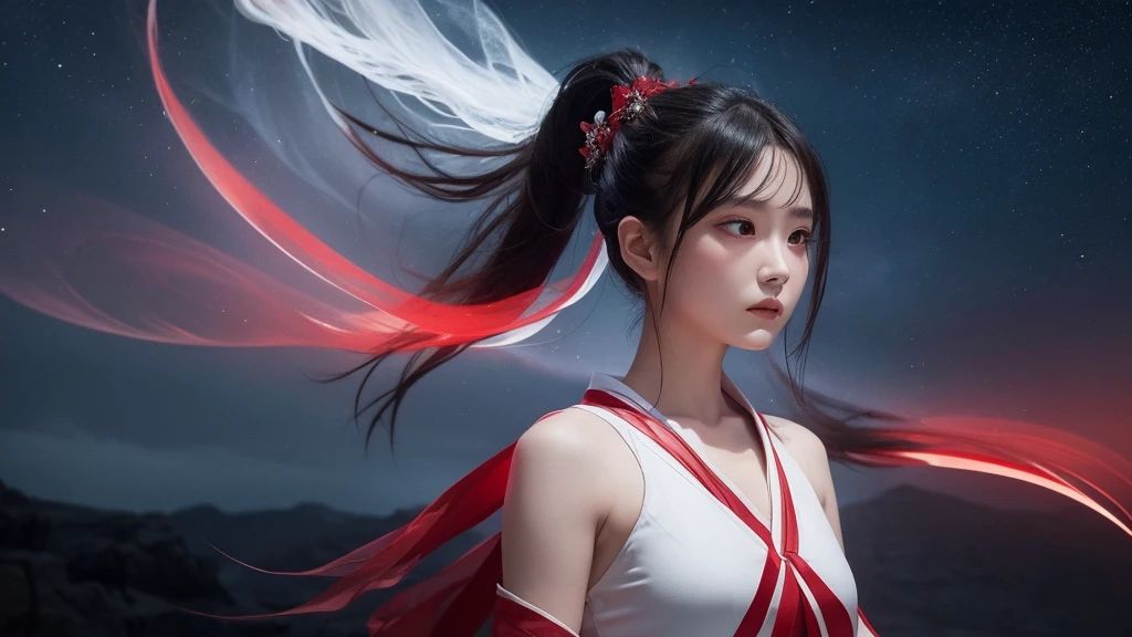 A delicate and lovely ancient goddess with lustrous black ponytail hair. She wears a white and red miko wear. The background is a fantastic and ethereal night sky, as if possessed by a specter. Her expression is stern and atmospheric.