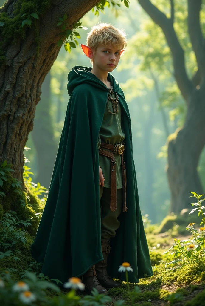 blond elf with short hair and blue eyes, dark green cloak