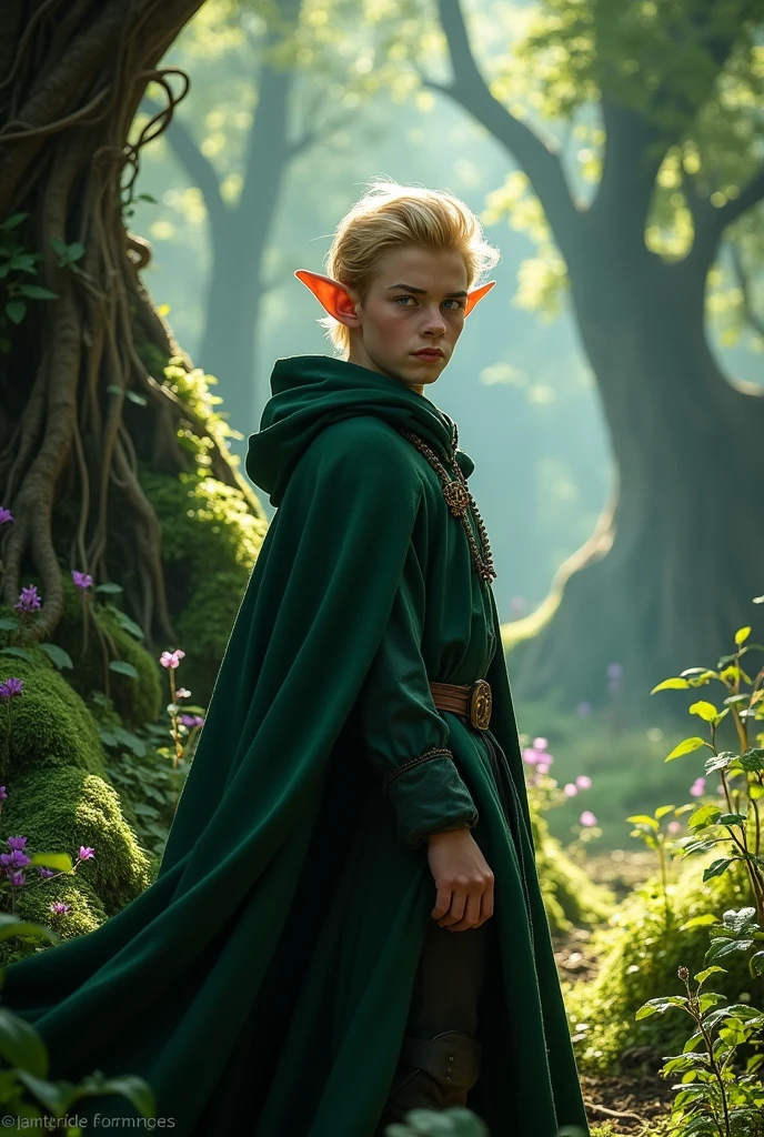 blond elf with short hair and blue eyes, dark green cloak