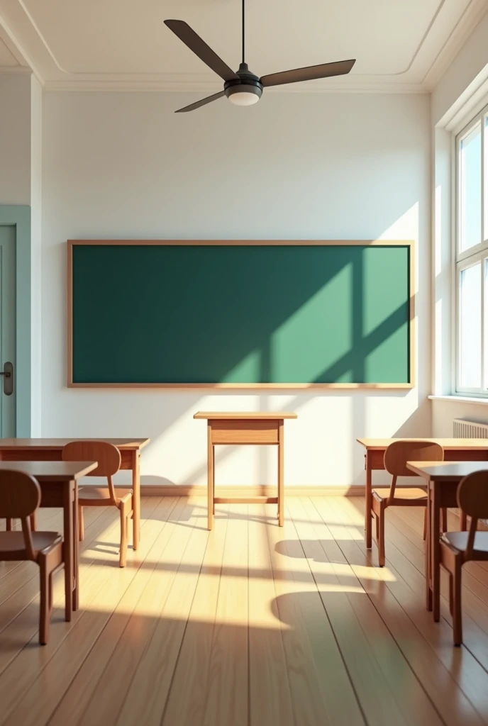 Classroom with natural lighting, blackboard, chairs, teacher's table, fan and minimal classroom design
