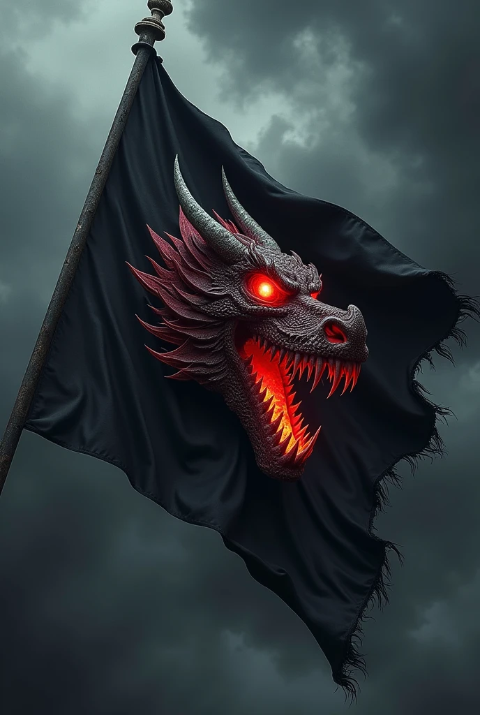 an all black flag, red details in the dragon skull sculpture, pulling towards a black in the eyes and fiery mouth