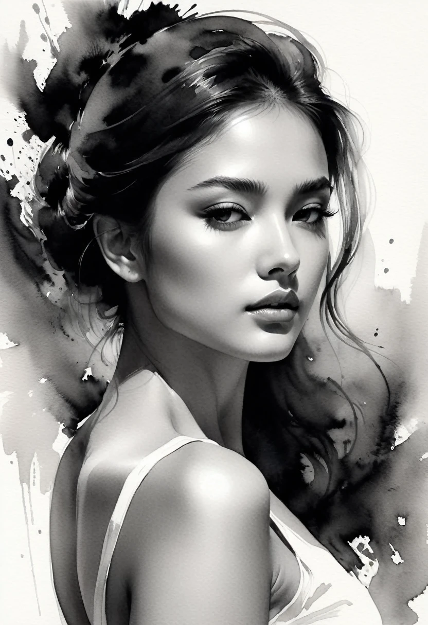a beautiful girl, delicate strokes, fluid motion, subtle ink washes, elegant posture, serene gaze, fine details, black and white, clean