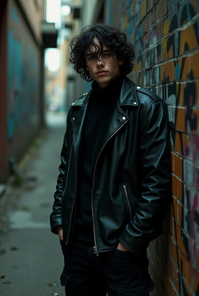 Make a ager with a black jacket,black pants,The teen is fat,has long hair,He's depressed
Black curly hair
Long eyebrow
He has a lot of acne