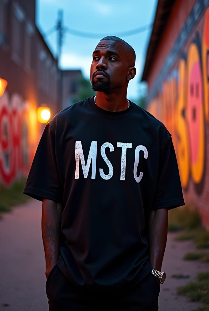 Create an image of Kanye West wearing a shirt that says MSTC.