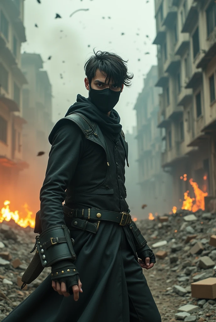 (photorealism:1.2), 1gothics youngman with a thin masker is throwing bricks and rocks to the enemy, dust and rocks in the chaos city(view from the side angle camera), at war conflict, flames and destroyed buildings etc.