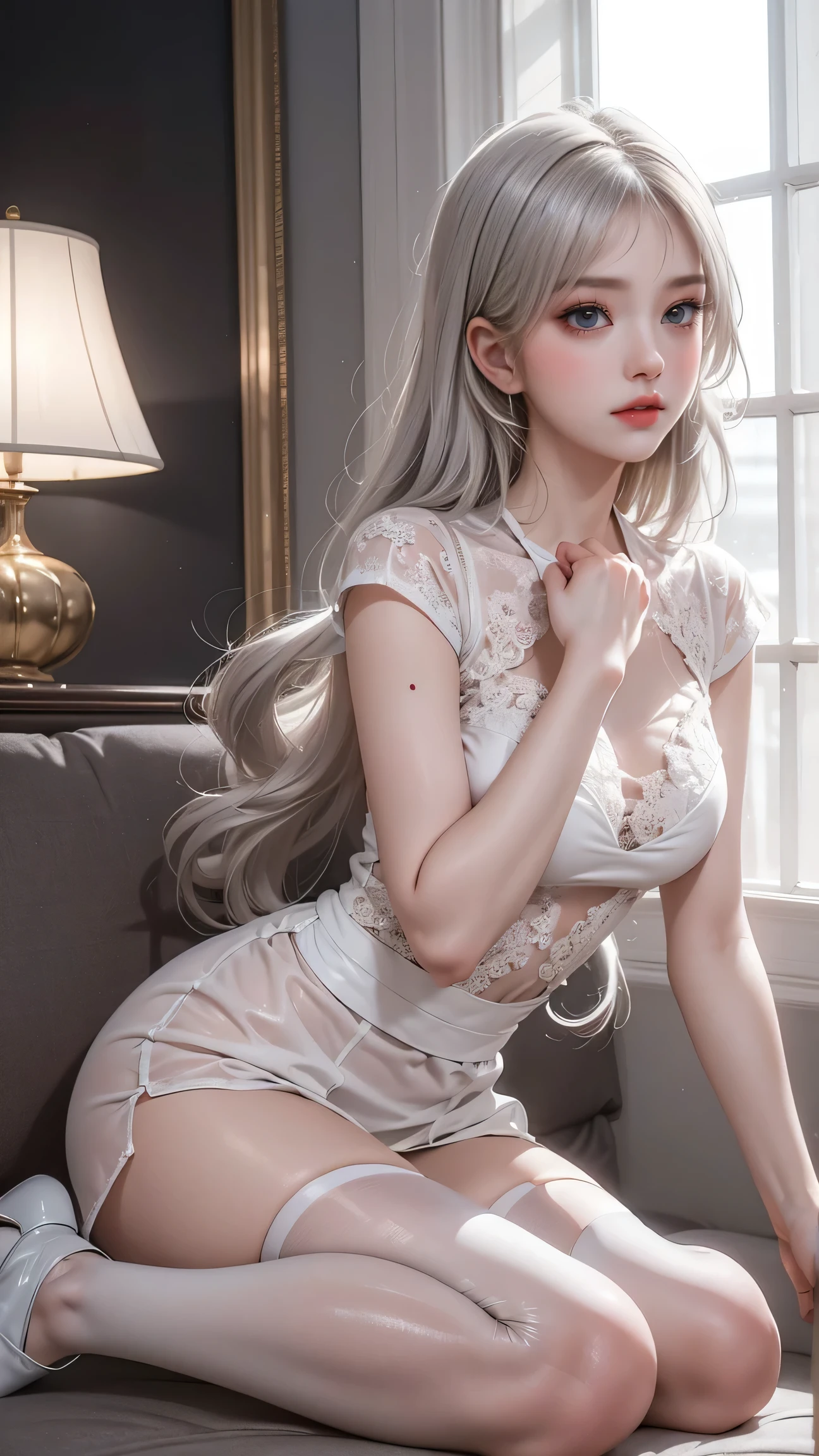 Top quality work,Actual work,Ultra Premium Graphics,8K HD CG works,High quality graphics,High-definition CG works,10x pixels,Extremely fine detail:1.1,Advanced Technical Details:1.1 Photorealistic,Indoor lighting effects:1.5,Natural light:1.5. Light effects(virtual Light effects:1.8),長いSilver Hair,Silver Hair,Transparent Hair,Hair with attention to detail(Premium Hair Detail:1.1)Clear Eyes,Beautiful double eyelids,Sharp eye makeup, Delicate eyelash makeup, Thin eyebrows, Highly detailed eyes,High nose, Nice red lips, Rose Cheeks, A face with subtle makeup , Cute face, perfectly balanced face,(Advanced Face Detail:1.1),Girl in maid outfit、 Cosplay, Knee socks, High heels, See-through,,The moonlight pours down like water,Foggy Room,Like a fairy in a painting,Slim sexy legs,A beautiful face is beautiful and delicate,Like a finely carved piece of jade、The waves in my eyes are like twinkling stars,Show the light of patience and wisdom。The bridge of the nose is straight,Cherry lip color, her face is clear,Her skin is as white as jade,Gives a healthy glow,Her makeup is light and subtle.,Not too decorative,A light-toned foundation enhances the clarity of your skin.,Eye makeup: eyeshadow and eyeliner,Make her eyes brighter and more cheerful、Add a touch of glamour and sophistication,Wear white to beat the snow,Clothes fluttering,It's about to be blown away by the wind,Drifting Away。Beautifully embroidered patterns on clothing,Without losing grace,Showing off incredible skills。Wear a wide belt around your waist,A transparent jade pendant hangs from it.,Swaying with her movements。Her hair is casually tied back,Fix with hosta,A few strands of hair are swaying gently in the wind,Add a little softness、Charmed everyone'Note、Grace、mystery、full of power,