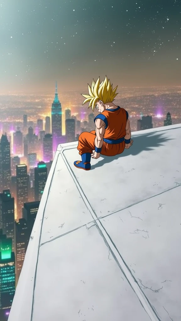 Sitting on the roof of a building on a dark night、A beautiful widescreen anime image of Super Saiyan Goku looking at the city across the street from me.