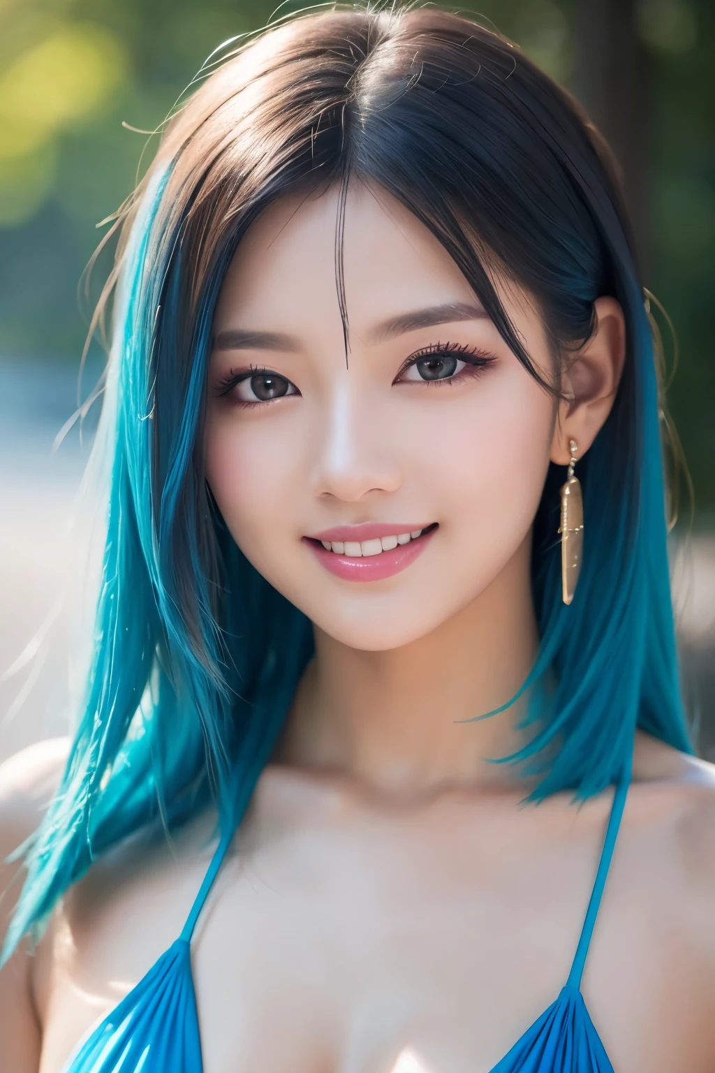 high quality, real、High resolution, Realistic、8k、masterpiece, detailed.impressive, Cutting-edge female photography portraits, Mini Bikini、Soft look、smile、Mid Shot、Looking at the camera、Facing forward、cyan, and purple, Her vibrant makeup really catches the eye.. Her colorful hair is tied up high、Various hair colors