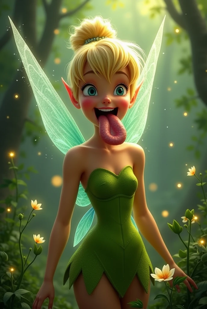 ((best quality)), ((masterpiece)) Tinker Bell opens her mouth wide showing you her uvula and super thick slimy and very meaty white Tongue with a sensual expression on her face (photorealistic human tongue)