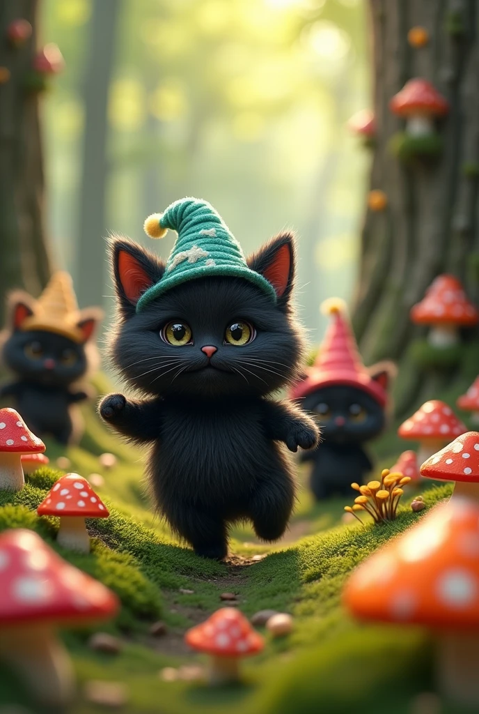 cute creatures similar to black cats, Adorable, cute, Furry, fluffy, forest, mushroom, Wear a hat
