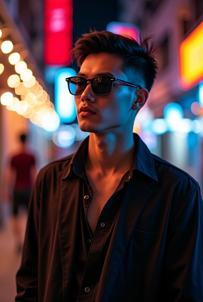 A Thai guy with a cool vibe wearing black Ray-Bans, keeping his face the same.