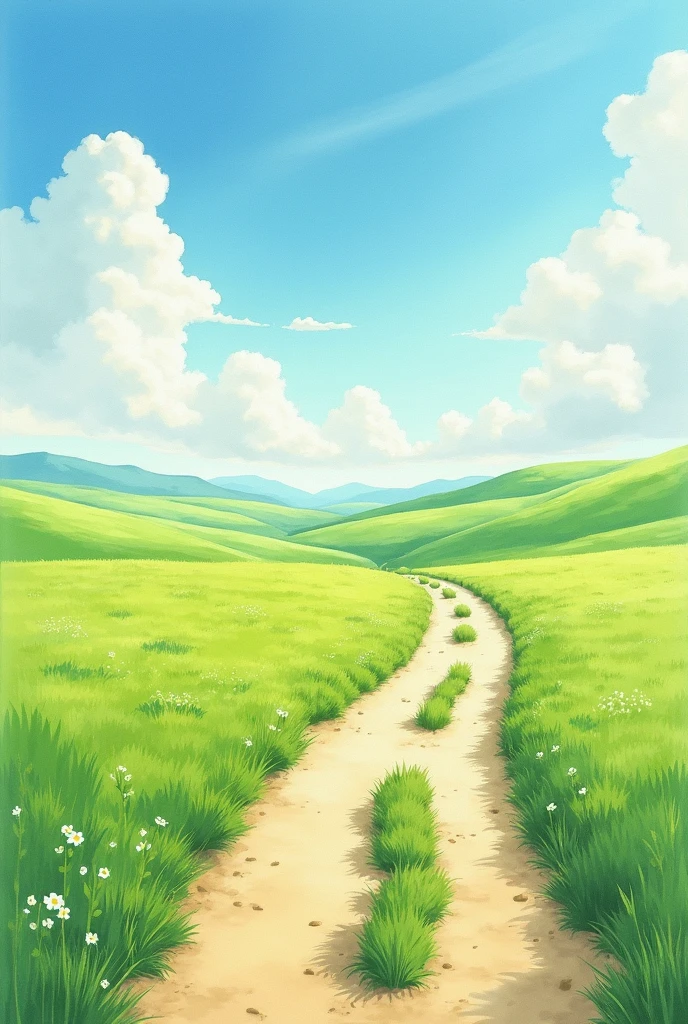 Landscape Painting,Vast meadows,A dirt road,Hayao Miyazaki style,Sparse details,Watercolor painting style,