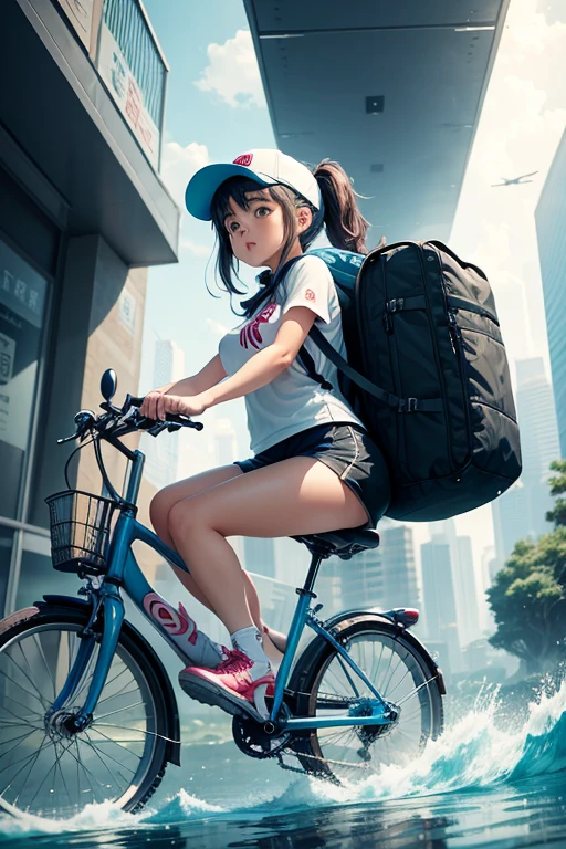 Cute anime girl riding a bicycle, 穿着运动shorts, shorts, Complex water structures in a futuristic city,Ultra Detail