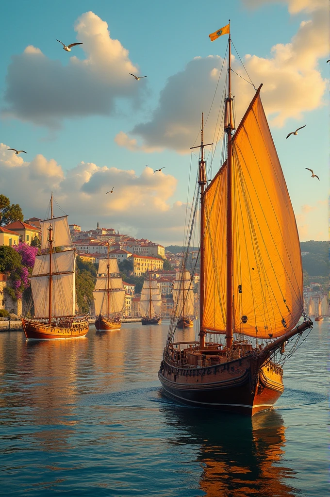 Caravels with the city of Lisbon behind