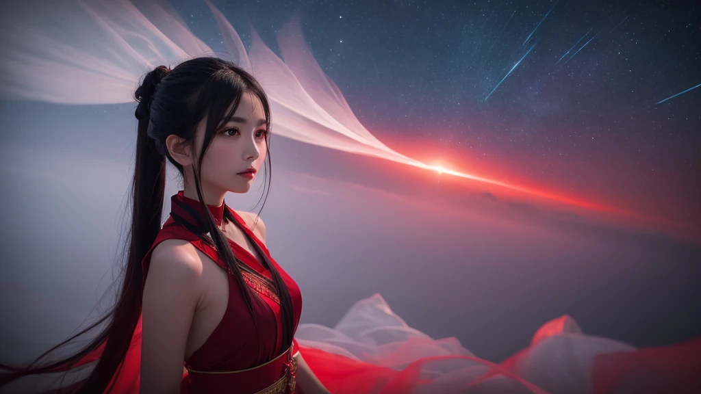 A delicate and lovely ancient goddess with lustrous black ponytail hair. She wears a white and red miko wear. The background is a fantastic and ethereal night sky, as if possessed by a specter. Her expression is stern and atmospheric.