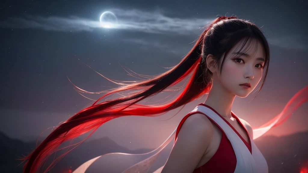 A delicate and lovely ancient goddess with lustrous black ponytail hair. She wears a white and red miko wear. The background is a fantastic and ethereal night sky, as if possessed by a specter. Her expression is stern and atmospheric.