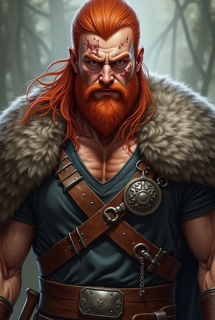 red haired man, Skin scars, Viking, Viking clothing, Strong, muscular, Serious facial expression, Role Playing Game Art Style, Fantasy art style