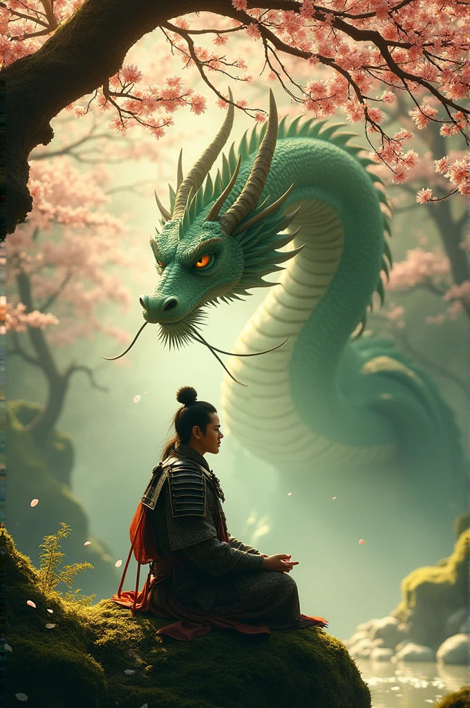 A samurai meditates while a dragon watches him closely