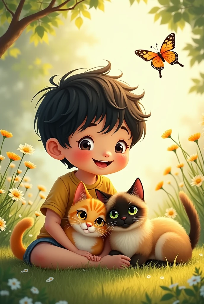 Create a drawing of a boy child with a chub in his cheek, black hair with bangs and fair skin, along with two cats , one all yellow and the other Siamese